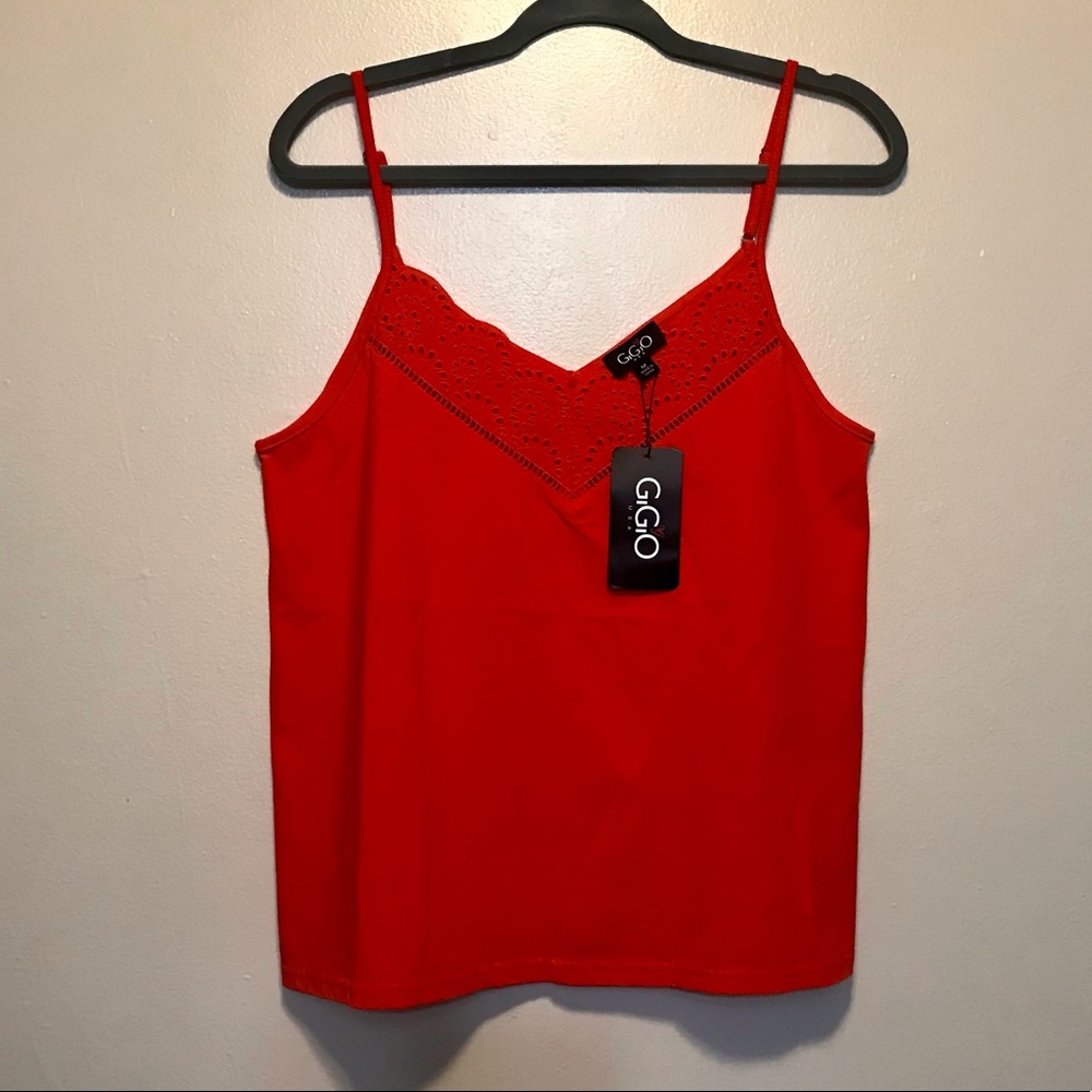 Red Tank Cami with Embroidered Flirt Neckline Trim
